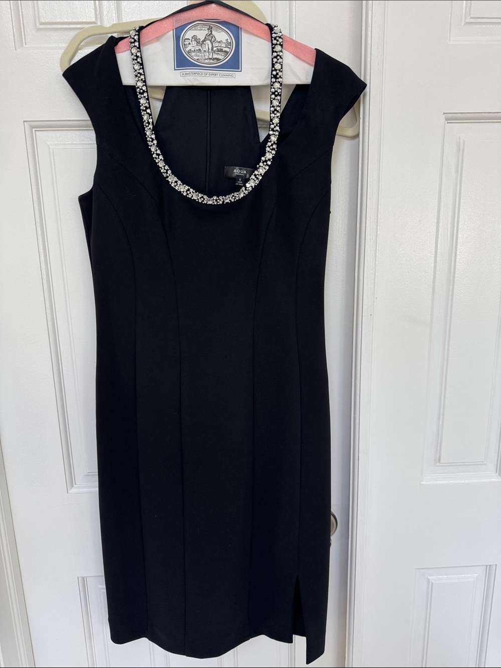 Aqua Black Cap-Sleeve Sheath Dress with Embellished Necklace